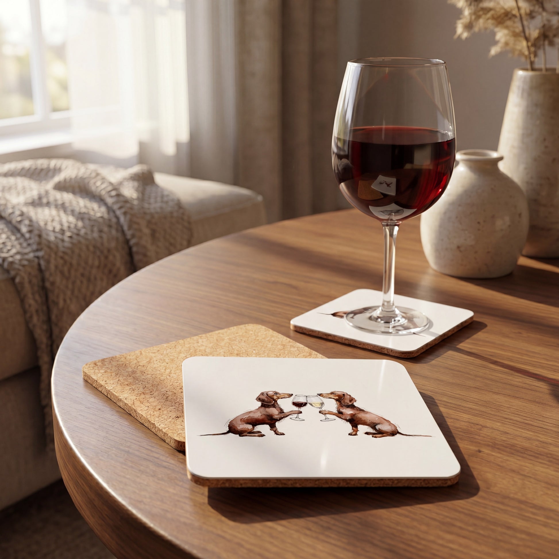 Dachshund Happy Hour coaster set styled on a table