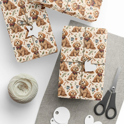 Cockapoo Autumn Wrapping Paper — styled gift wrapping with scissors and twine