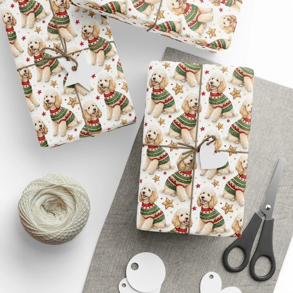 Cockapoo Christmas Ugly Sweater Wrapping Paper — styled gift wrapping with scissors and twine