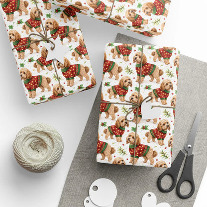 Cockapoo Christmas Ugly Sweater Wrapping Paper — styled gift wrapping with scissors and twine