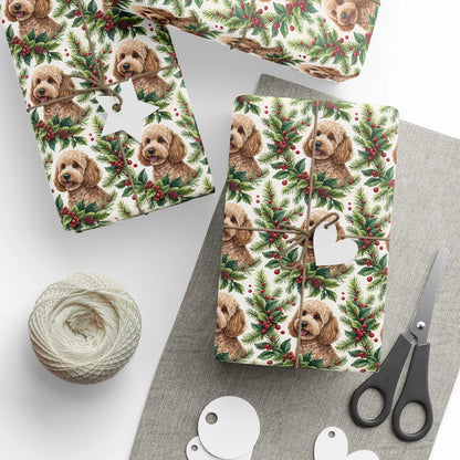 Cockapoo Christmas Wrapping Paper — styled gift wrapping with scissors and twine