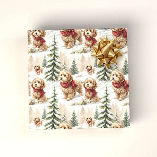 Cockapoo Christmas Wrapping Paper | Winter Scarf Pup — wrapped gift presentation