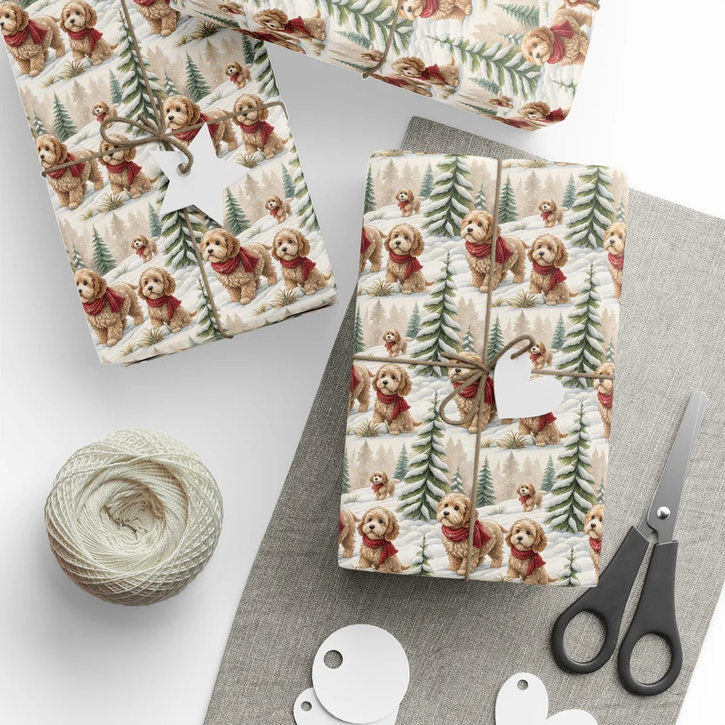 Cockapoo Christmas Wrapping Paper | Winter Scarf Pup — styled gift wrapping with scissors and twine
