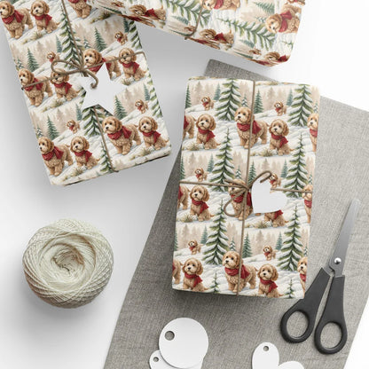 Cockapoo Christmas Wrapping Paper | Winter Scarf Pup — styled gift wrapping with scissors and twine