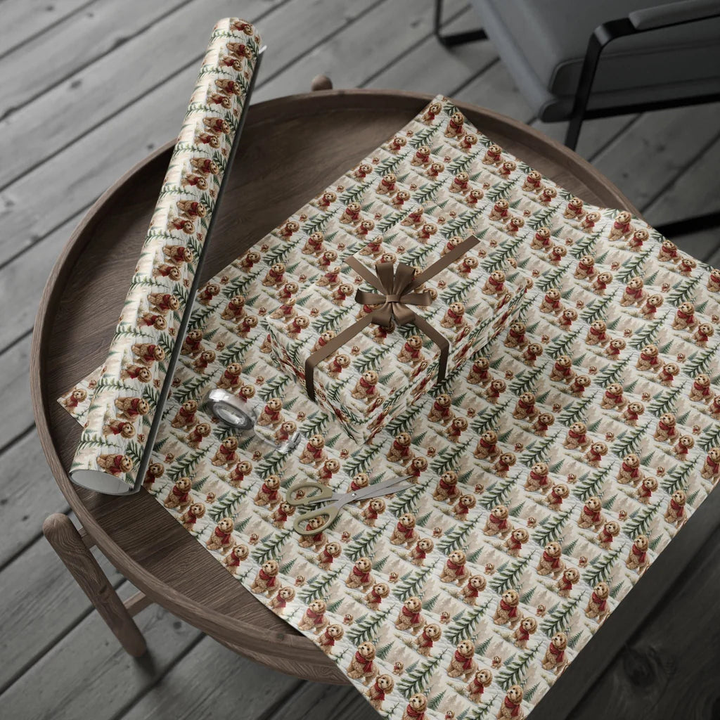 Cockapoo Christmas Wrapping Paper | Winter Scarf Pup — gift wrapping presented on a wooden table
