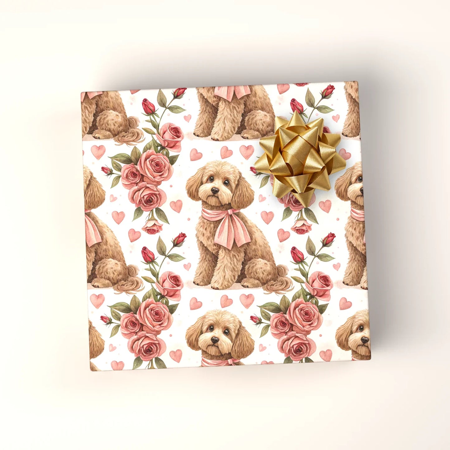 Cockapoo Valentine's Day Wrapping Paper with Roses — wrapped gift presentation