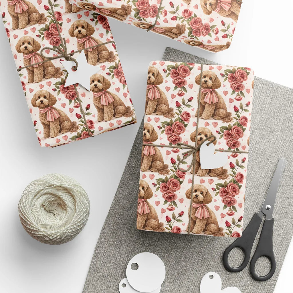Cockapoo Valentine's Day Wrapping Paper with Roses — styled gift wrapping with scissors and twine