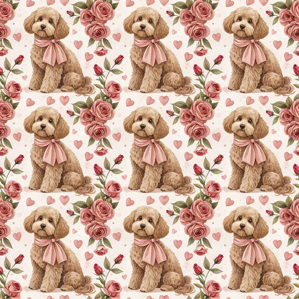 Cockapoo Valentine's Day Wrapping Paper with Roses — repeating pattern tile