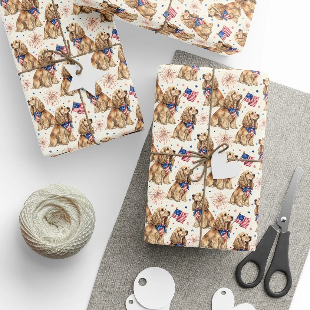 Cocker Spaniel Americana Wrapping Paper — styled gift wrapping with scissors and twine
