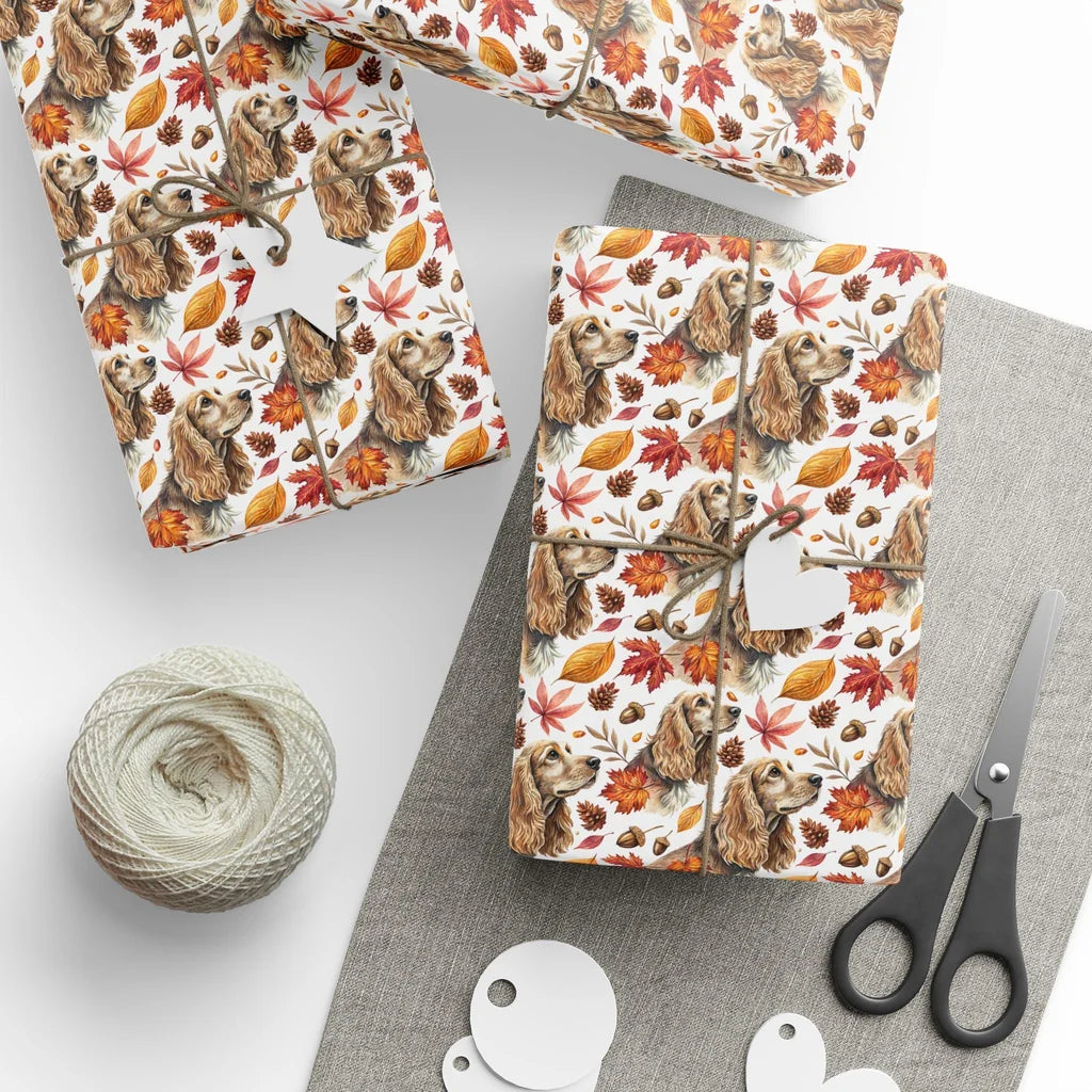 Cocker Spaniel Autumn Wrapping Paper — styled gift wrapping with scissors and twine