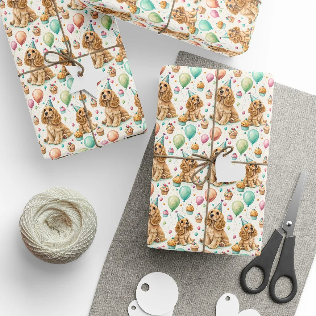 Cocker Spaniel Birthday Wrapping Paper — styled gift wrapping with scissors and twine