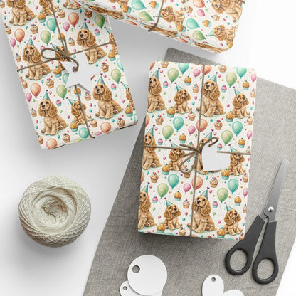 Cocker Spaniel Birthday Wrapping Paper — styled gift wrapping with scissors and twine