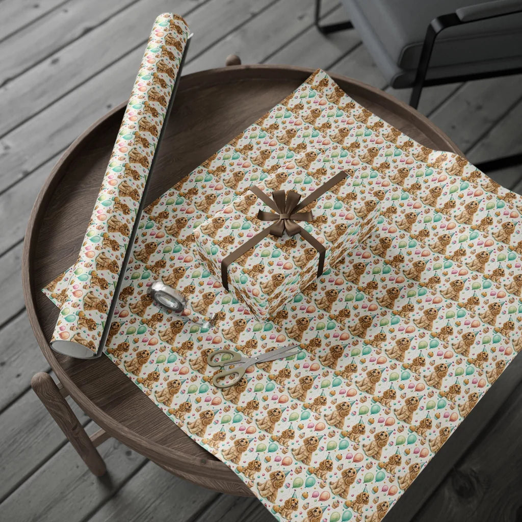 Cocker Spaniel Birthday Wrapping Paper — gift wrapping presented on a wooden table