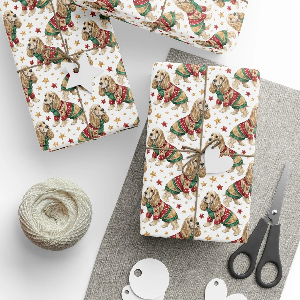 Cocker Spaniel Christmas Sweater Wrapping Paper — styled gift wrapping with scissors and twine