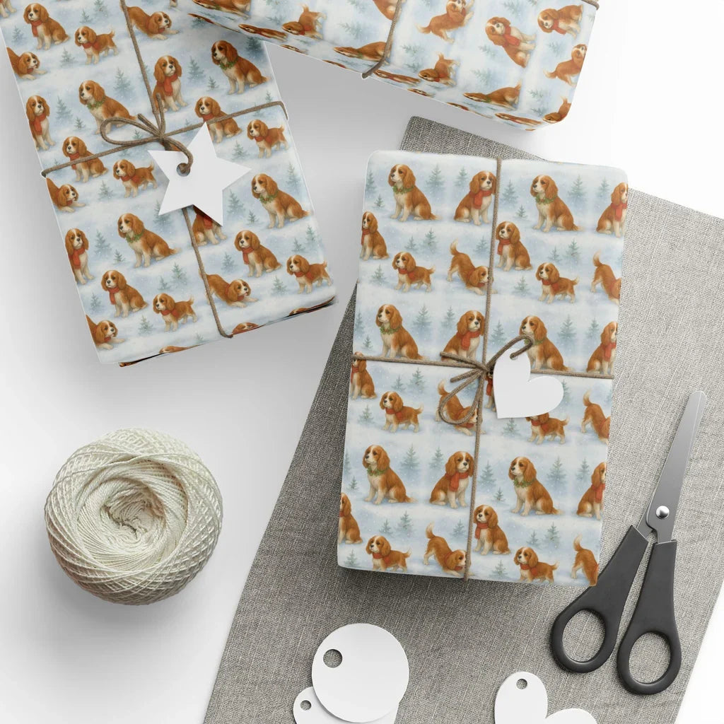 Cocker Spaniel Christmas Wrapping Paper — styled gift wrapping with scissors and twine