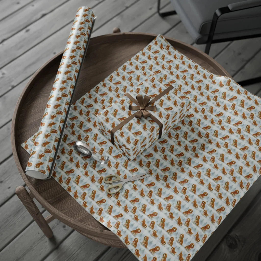 Cocker Spaniel Christmas Wrapping Paper — gift wrapping presented on a wooden table
