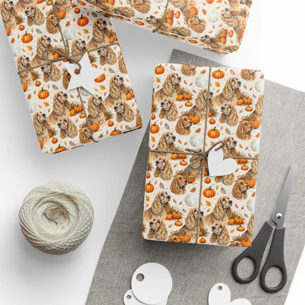 Cocker Spaniel Fall Wrapping Paper — styled gift wrapping with scissors and twine
