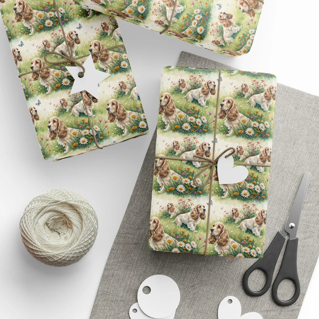 Cocker Spaniel Garden Wrapping Paper — styled gift wrapping with scissors and twine