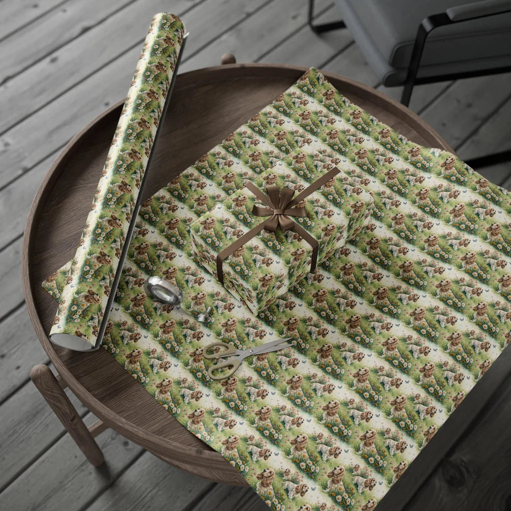 Cocker Spaniel Garden Wrapping Paper — gift wrapping presented on a wooden table