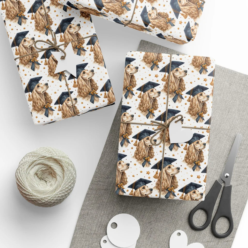 Cocker Spaniel Graduation Wrapping Paper — styled gift wrapping with scissors and twine