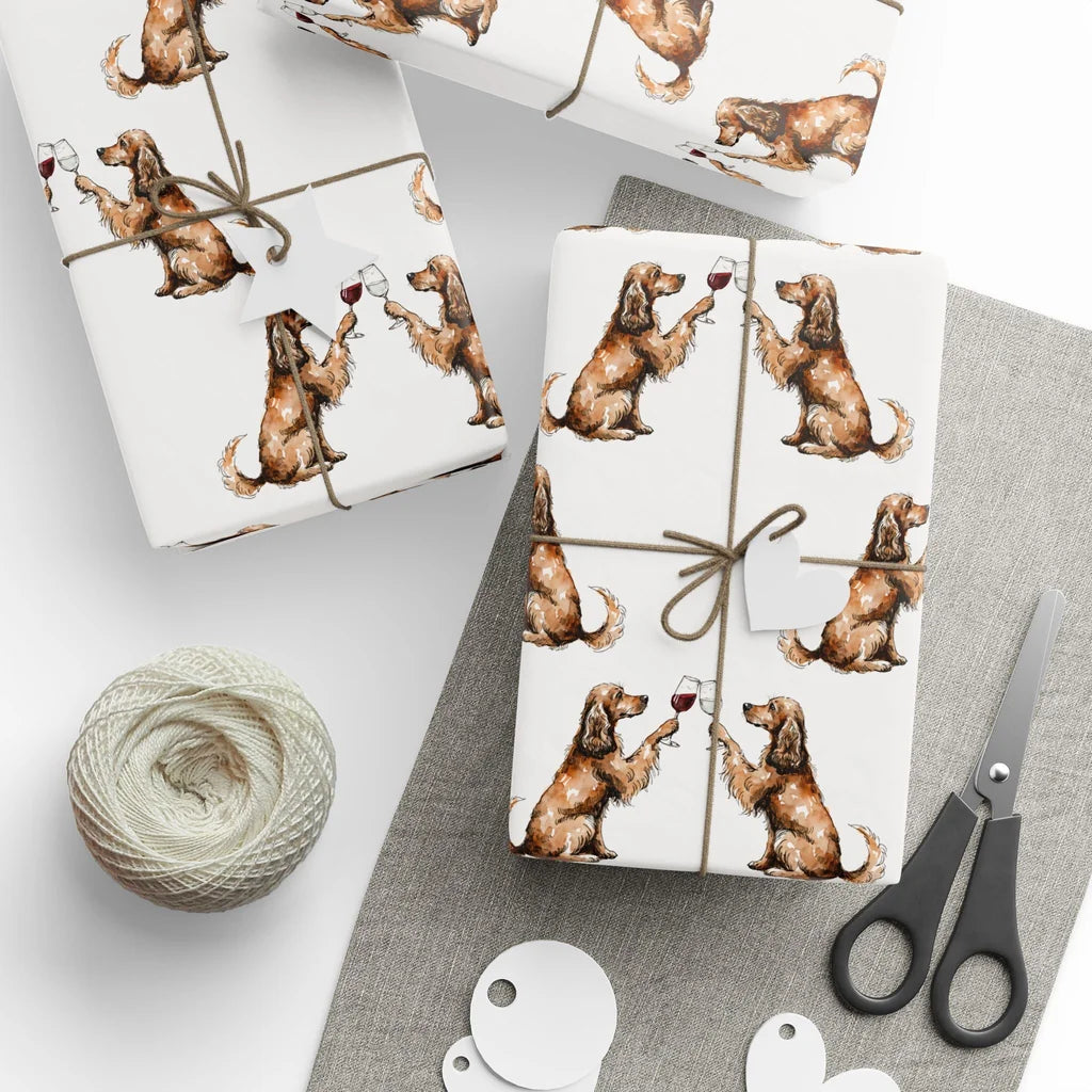 Cocker Spaniel Happy Hour Wrapping Paper — styled gift wrapping with scissors and twine
