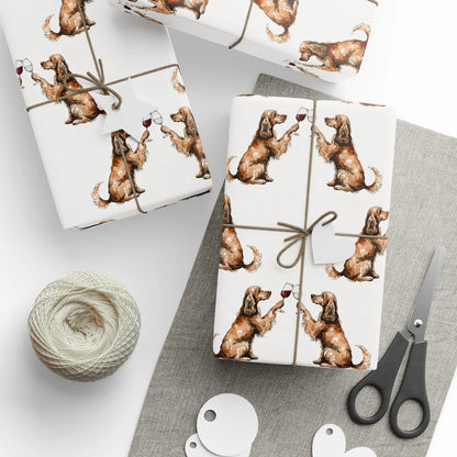 Cocker Spaniel Happy Hour Wrapping Paper — styled gift wrapping with scissors and twine