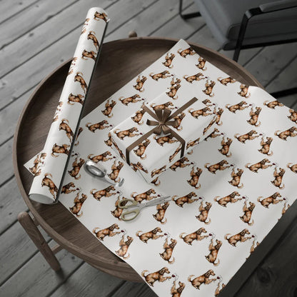 Cocker Spaniel Happy Hour Wrapping Paper — gift wrapping presented on a wooden table