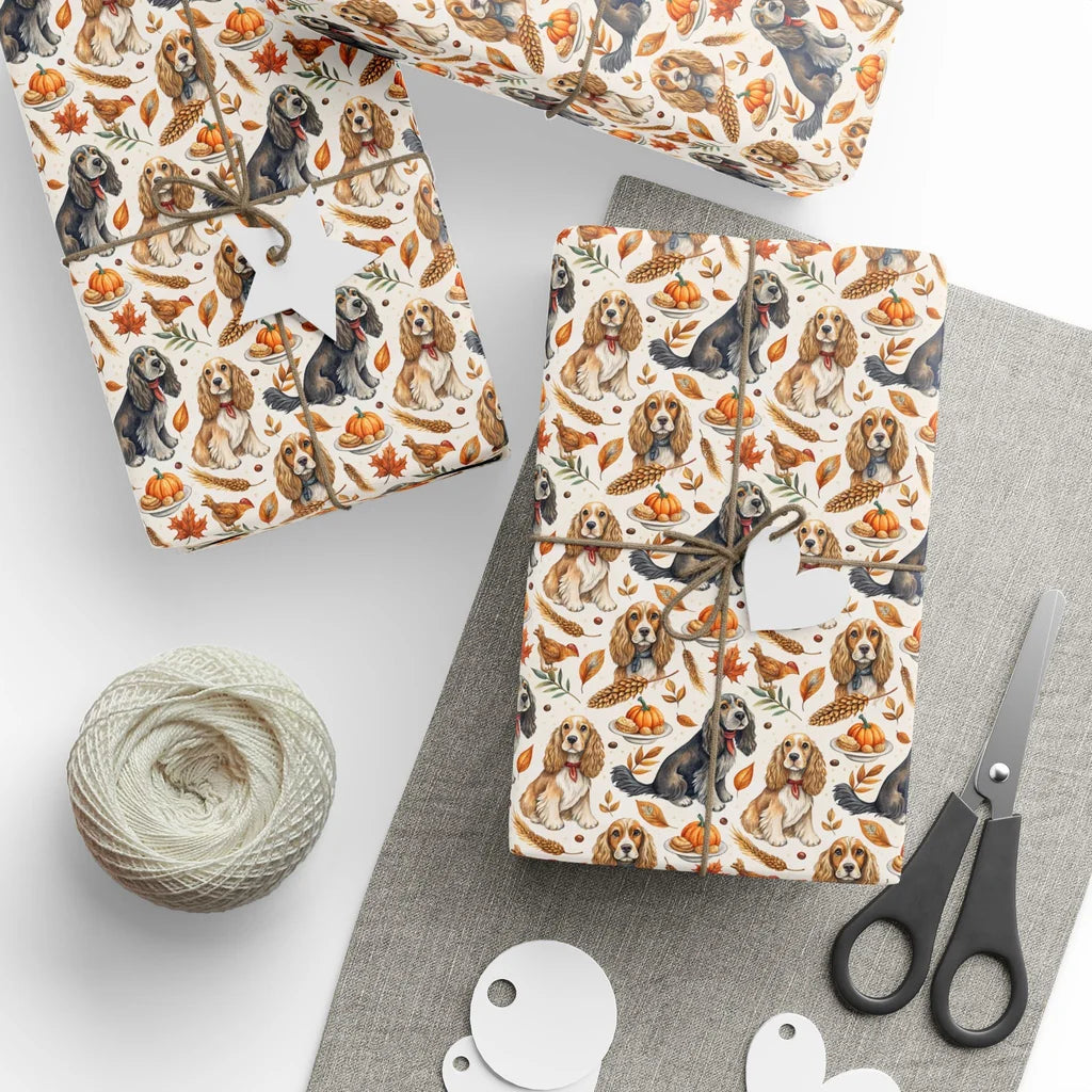 Cocker Spaniel Thanksgiving Wrapping Paper — styled gift wrapping with scissors and twine