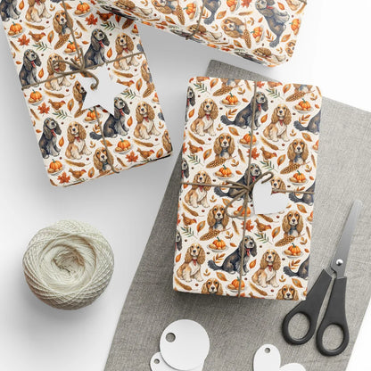 Cocker Spaniel Thanksgiving Wrapping Paper — styled gift wrapping with scissors and twine
