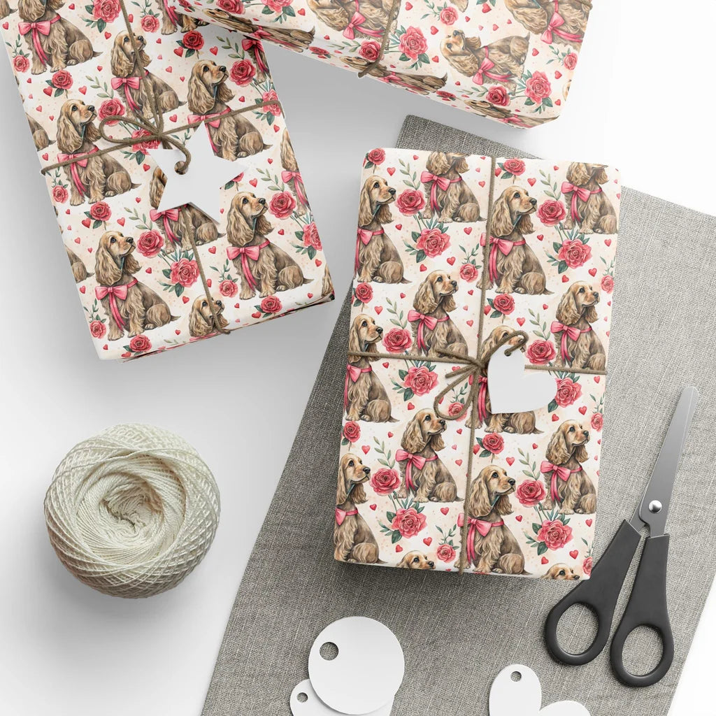 Cocker Spaniel Valentine's Day Wrapping Paper — styled gift wrapping with scissors and twine