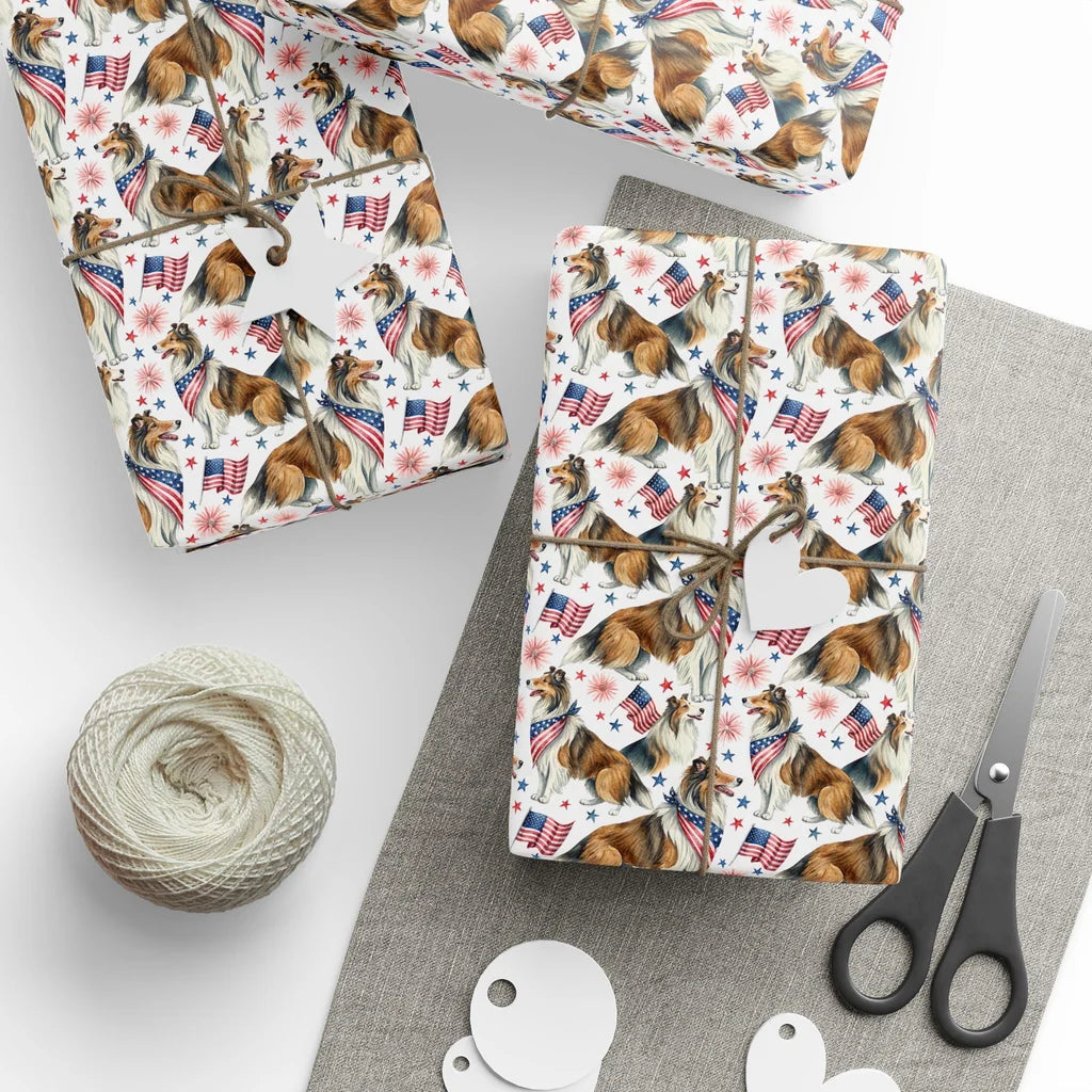 Collie Americana Wrapping Paper — styled gift wrapping with scissors and twine