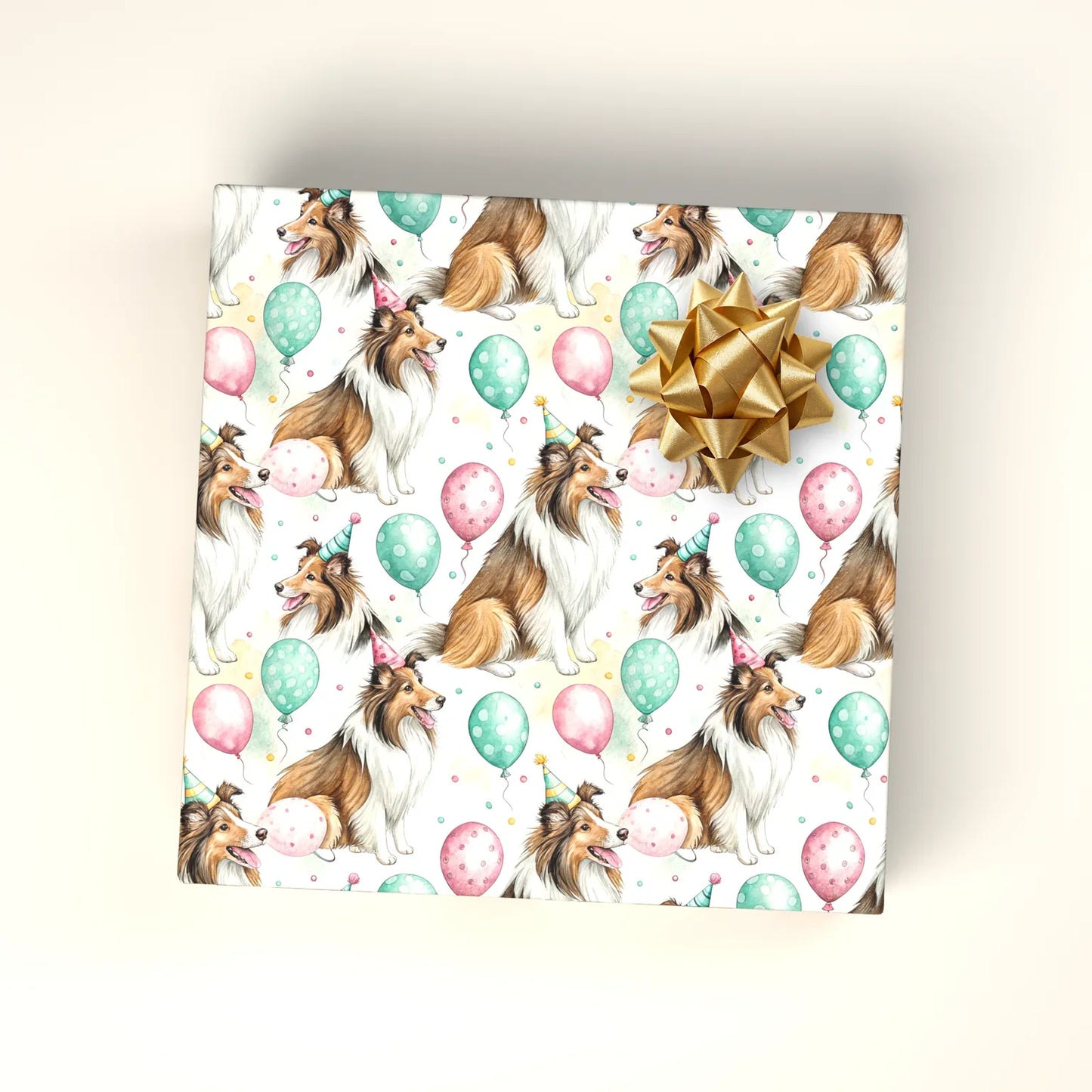 Sheltie Birthday Wrapping Paper with Party Hats and Balloons — wrapped gift presentation