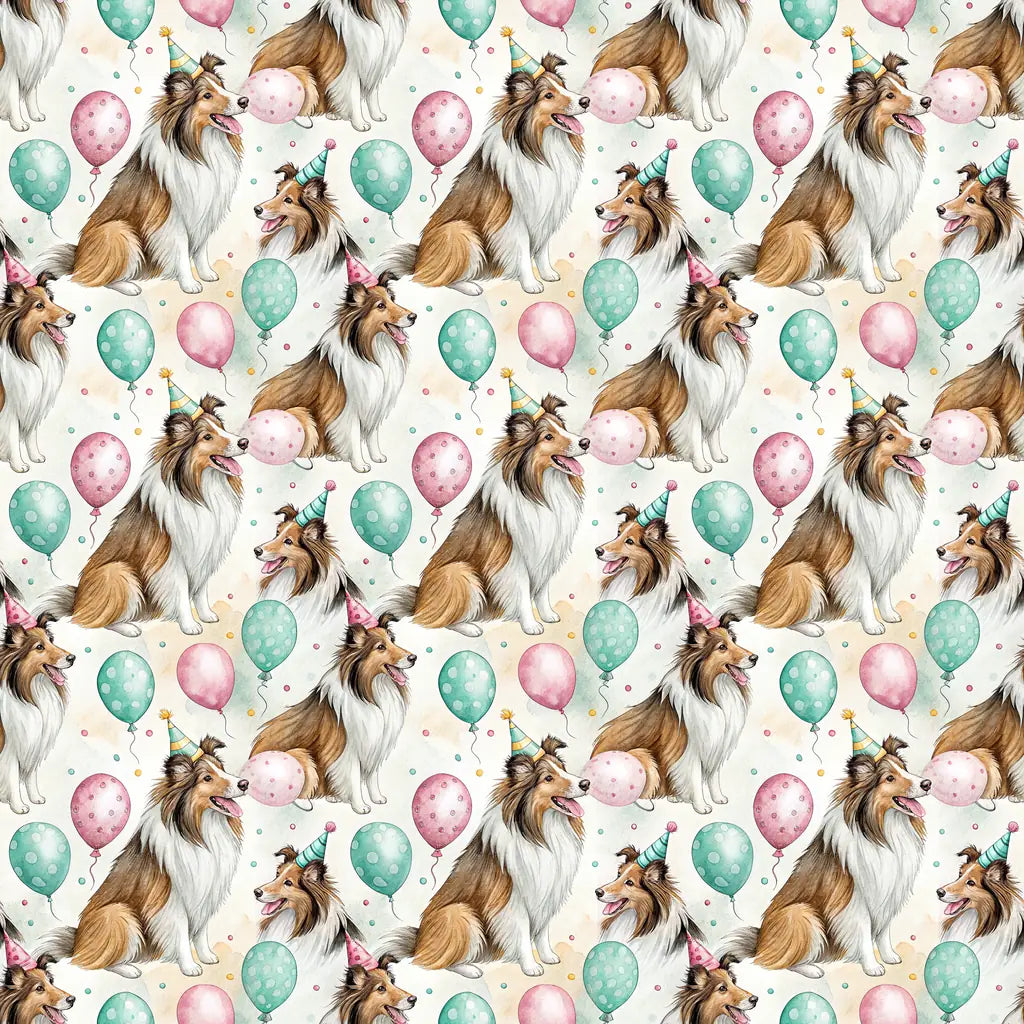 Sheltie Birthday Wrapping Paper with Party Hats and Balloons — repeating pattern tile