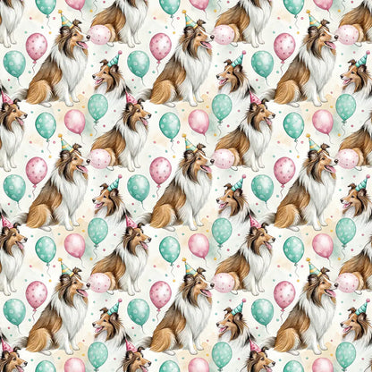 Sheltie Birthday Wrapping Paper with Party Hats and Balloons — repeating pattern tile