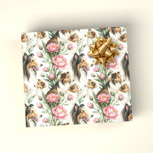 Collie in Bloom Floral Wrapping Paper — wrapped gift presentation