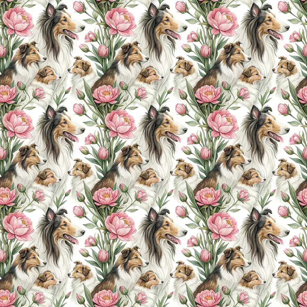 Collie in Bloom Floral Wrapping Paper — repeating pattern tile