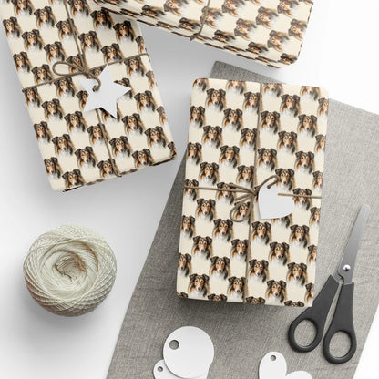 Collie Portrait Wrapping Paper — styled gift wrapping with scissors and twine