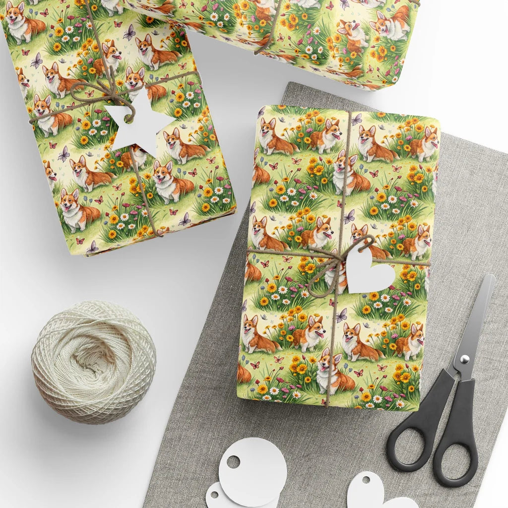 Corgi Garden Wrapping Paper — styled gift wrapping with scissors and twine