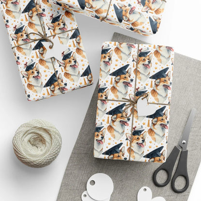 Corgi Graduation Wrapping Paper — styled gift wrapping with scissors and twine