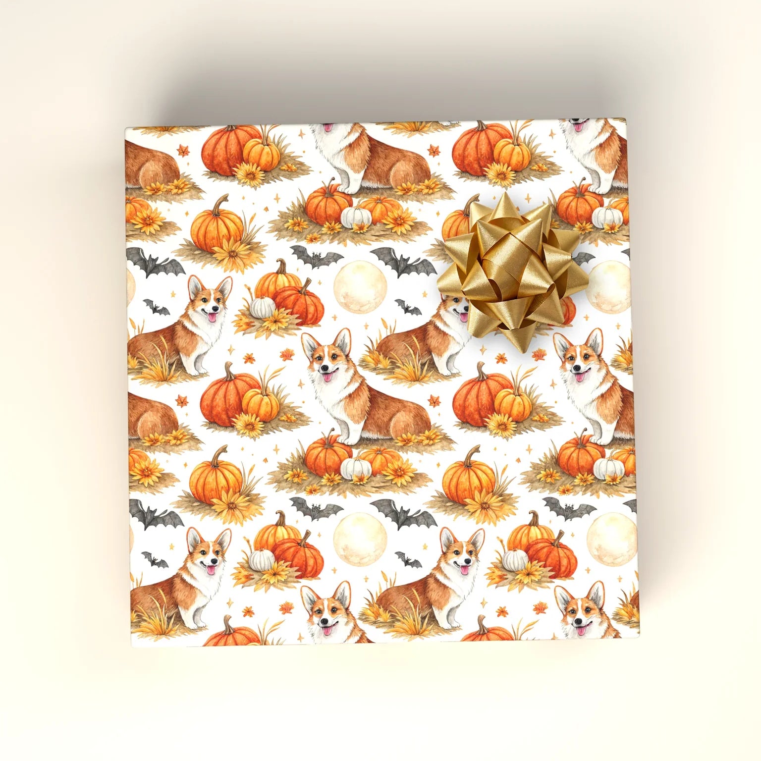 Corgi Halloween Wrapping Paper — Pumpkins & Bats — wrapped gift presentation