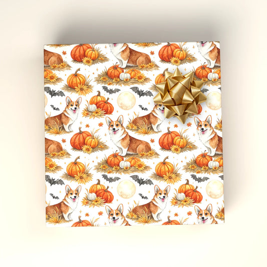 Corgi Halloween Wrapping Paper — Pumpkins & Bats — wrapped gift presentation