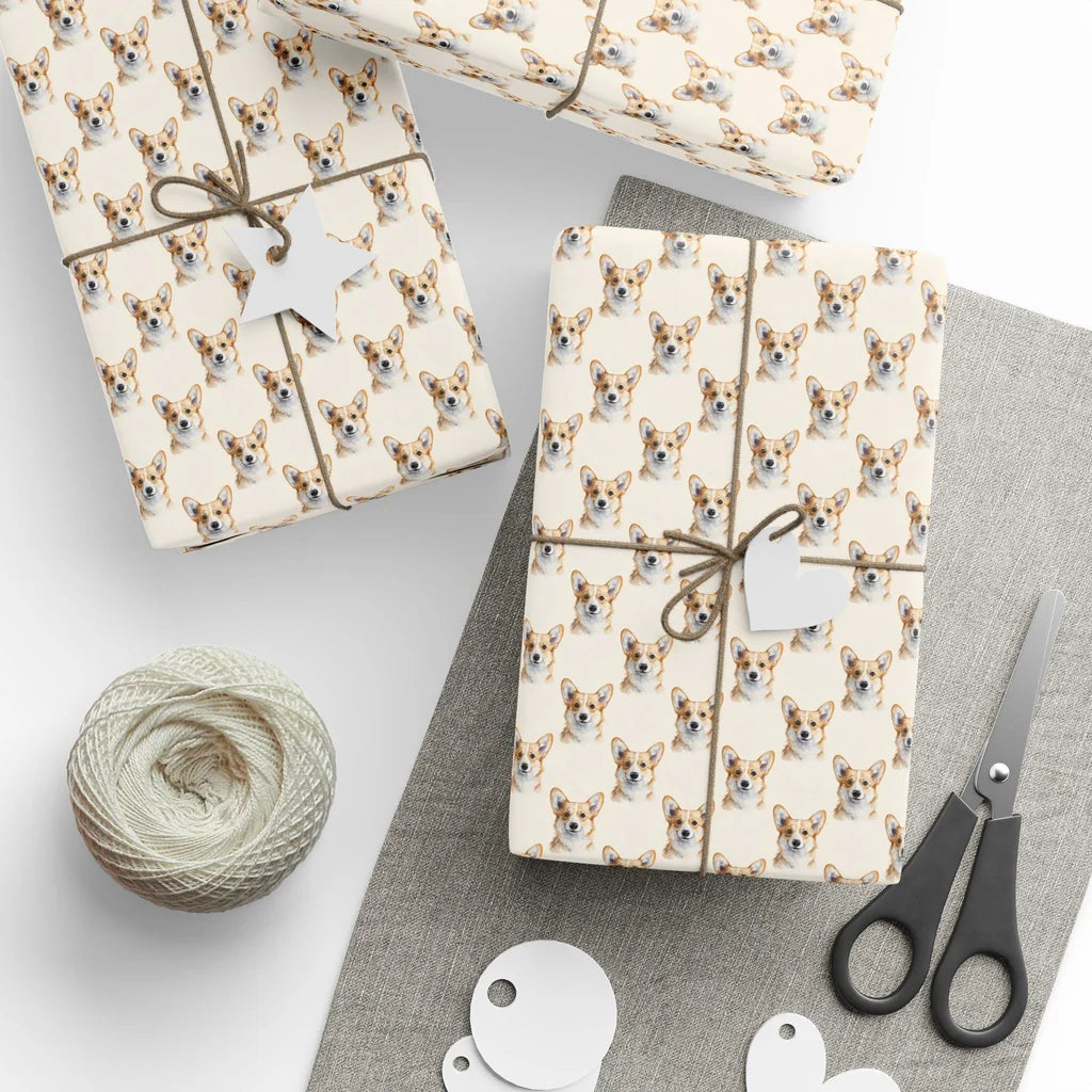 Corgi Portrait Wrapping Paper — styled gift wrapping with scissors and twine