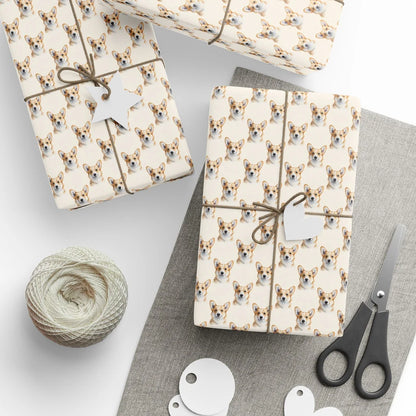 Corgi Portrait Wrapping Paper — styled gift wrapping with scissors and twine