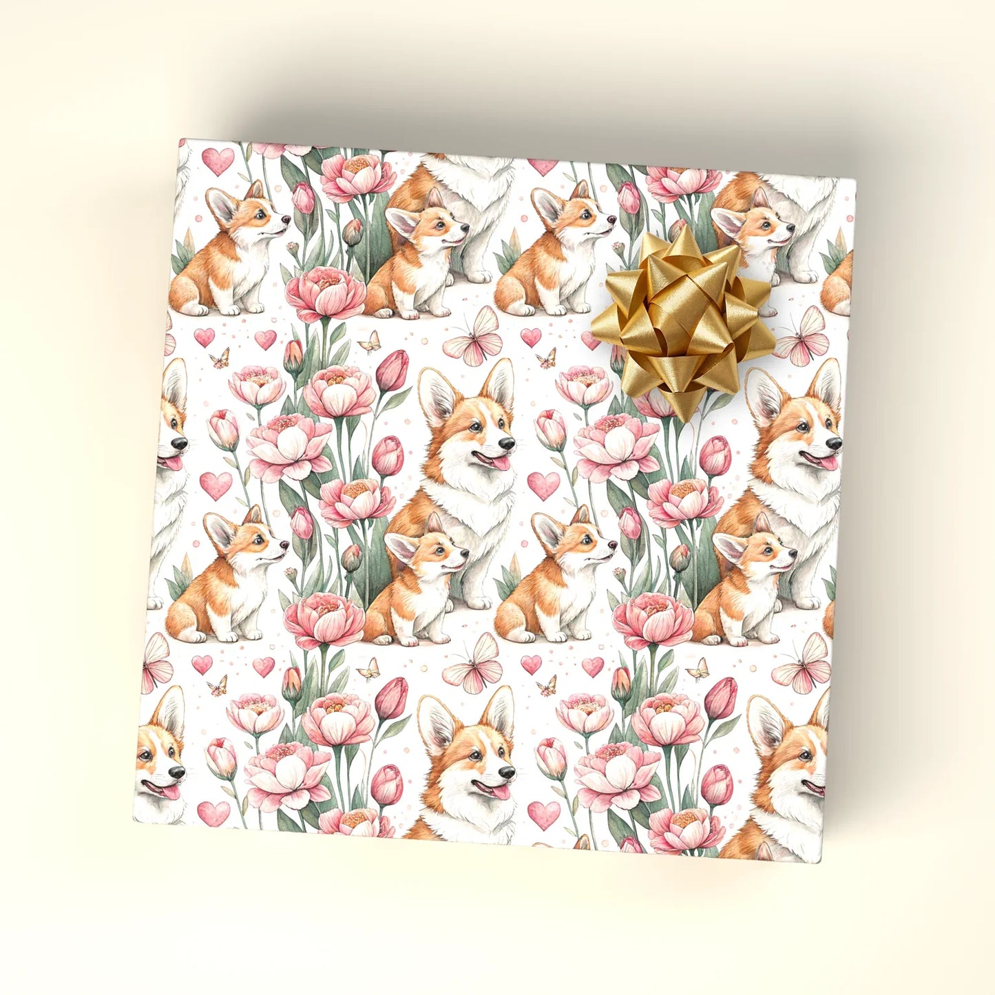 Corgi Tulips and Hearts Wrapping Paper — wrapped gift presentation