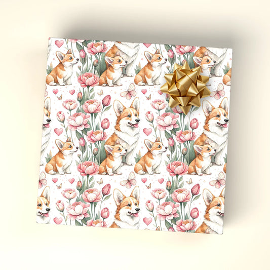 Corgi Tulips and Hearts Wrapping Paper — wrapped gift presentation