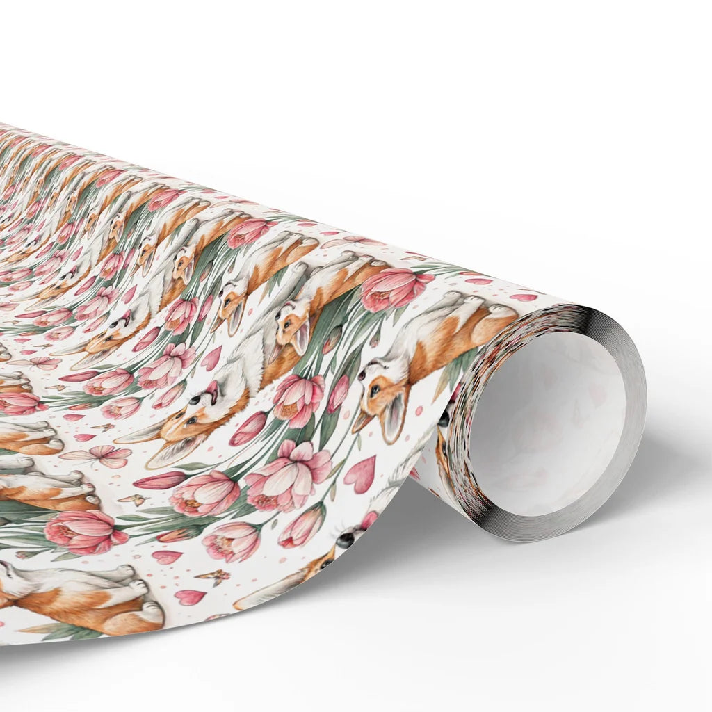 Corgi Tulips and Hearts Wrapping Paper — paper roll