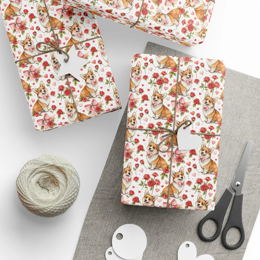 Corgi Valentine's Day Wrapping Paper — styled gift wrapping with scissors and twine