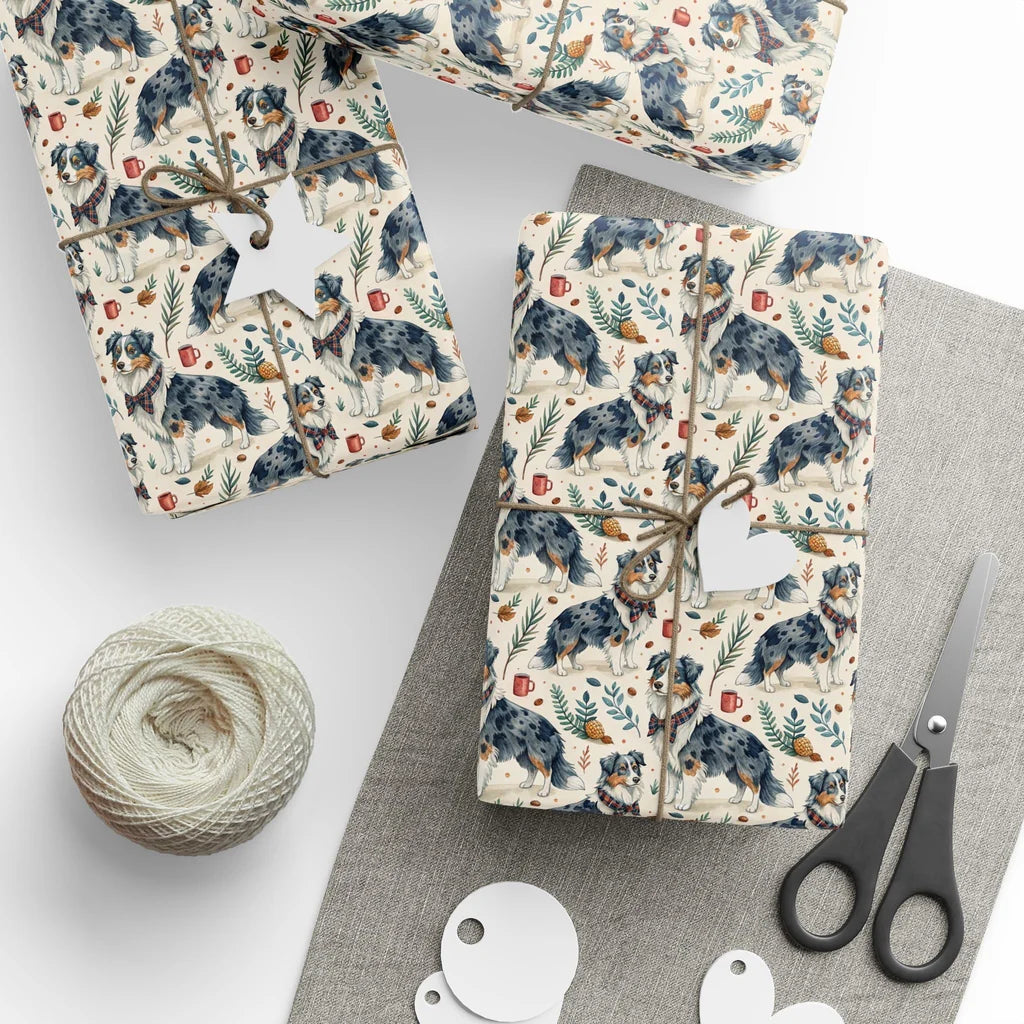 Cozy Aussie Days: Australian Shepherd Wrapping Paper — styled gift wrapping with scissors and twine