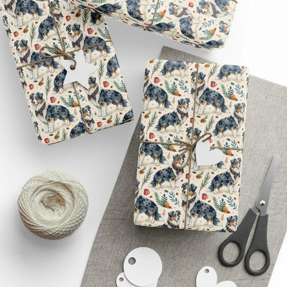 Cozy Aussie Days: Australian Shepherd Wrapping Paper — styled gift wrapping with scissors and twine