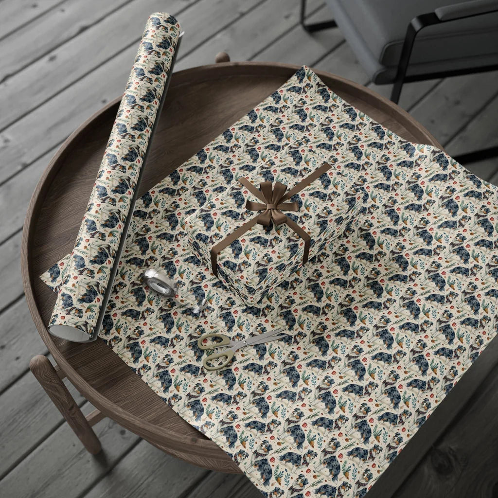 Cozy Aussie Days: Australian Shepherd Wrapping Paper — gift wrapping presented on a wooden table